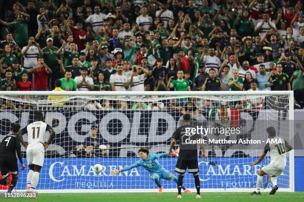 Bryan Ruiz of Costa Rica scores a goal to make it 1-1 during the 2019 CONCACAF Gold Cup Quarter Final match between Mexico v Costa Rica at NRG...