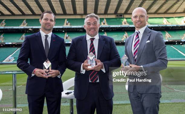 Premiership Rugby Hall of Fame inductees Nick Evans, Jason Leonard and Matt Dawson pose for pictures after being inducted into the Premiership Rugby...