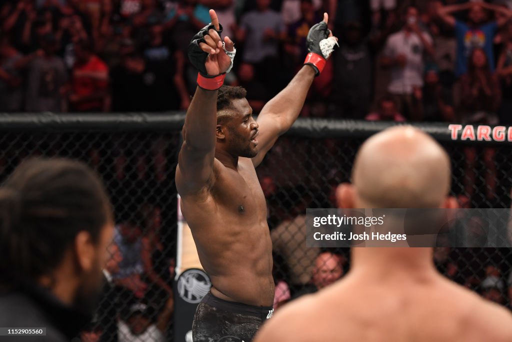 Francis Ngannou Of Cameroon Reacts After Defeating Junior Dos Santos francis-ngannou-of-cameroon-reacts-after-defeating-junior-dos-santos