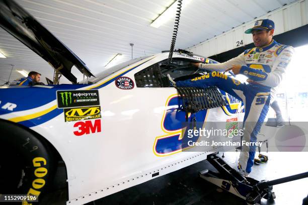 Chase Elliott, driver of the NAPA Auto Parts Chevrolet, prepares to practice for the Monster Energy NASCAR Cup Series Pocono 400 at Pocono Raceway on...