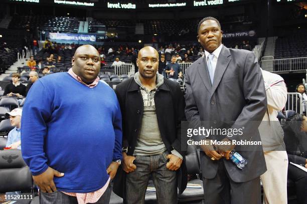 Actor-comedian Faizon Love, actor Morris Chestnut and former NBA player and Hall of Famer Dominique Wilkins attending the Atlanta Hawks vs. Minnesota...