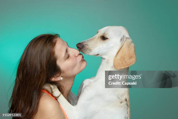 frau küsst ihren adoptierten hund - woman holding dog studio stock-fotos und bilder