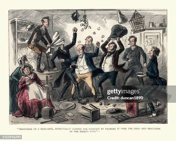 dickens, pickwick papers, snatching a meal-sack - charles dickens stock-grafiken, -clipart, -cartoons und -symbole