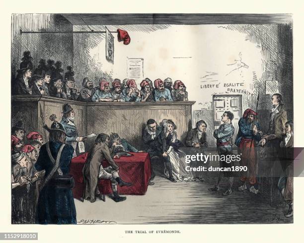 dickens, tale of two cities, the trial of evremonde - uk courtroom stock illustrations