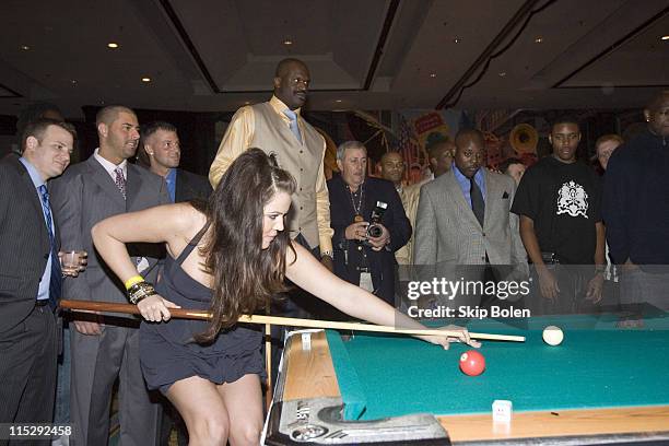 Khloe Kardashian and NBA player Shaquille O'Neal challenge each other with a game of pool at the 2008 NBA All-Star Shaquille O'Neal and Reggie Bush...