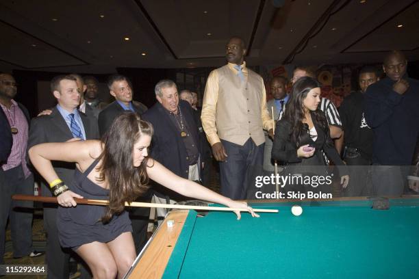 Khloe Kardashian and NBA player Shaquille O'Neal challenge each other with a game of pool at the 2008 NBA All-Star Shaquille O'Neal and Reggie Bush...