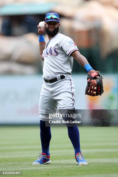 Danny Santana of the Texas Rangers warms up before the game against the Los Angeles Angels at Angel Stadium on May 26, 2019 in Anaheim, California....
