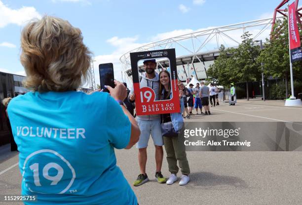 Fans are seen outside of London Stadium before game two of the London Series between the New York Yankees and the Boston Red Sox at London Stadium on...