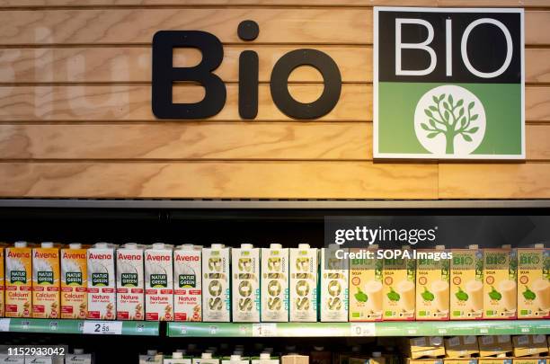 Bottles of soy milk displayed for sale at the Carrefour supermarket in Spain.