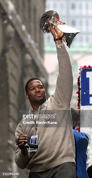 New York Giants, Michael Strahan during the New York Giants Victory Parade in lower Manhattan on February 5, 2008 in New York City.