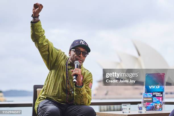 Spike Lee raises his a closed fist in reference to the 1968 Olympics Black Power Salute during a media call on June 01, 2019 in Sydney, Australia.