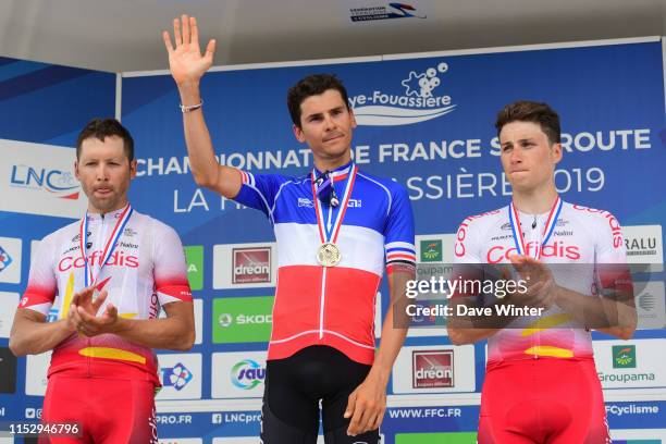 Second place Julien Simon , winner Warren Barguil , third place Damien Touze following the French National Road Race Championships on June 30, 2019...