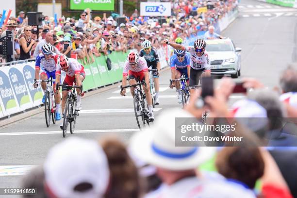 Warren Barguil wins, ahead of Damien Touze and Julien Simon during the French National Road Race Championships on June 30, 2019 in La...
