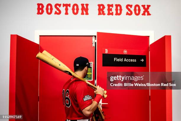 Andrew Benintendi of the Boston Red Sox exits the clubhouse before game two of the 2019 Major League Baseball London Series against the New York...