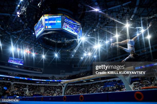 Belgium's Nina Derwael competes in the balance beam event of the women's apparatus final of the Artistic Gymnastics at the 2019 European Games in...