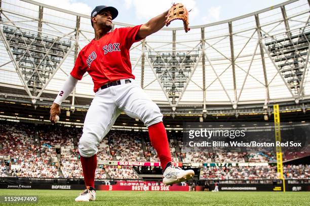 Xander Bogaerts of the Boston Red Sox warms up before game two of the 2019 Major League Baseball London Series against the New York Yankees on June...