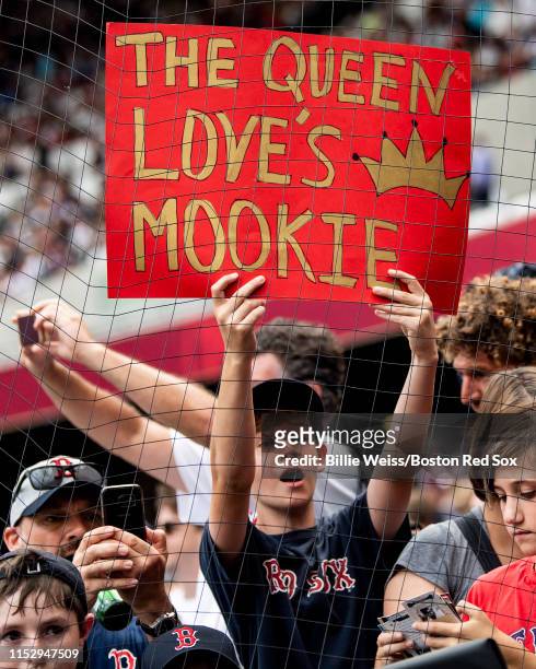 Fan displays a sign before game two of the 2019 Major League Baseball London Series between the Boston Red Sox and the New York Yankees on June 30,...