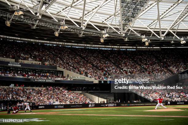 Eduardo Rodriguez of the Boston Red Sox delivers during the first inning of game two of the 2019 Major League Baseball London Series against the New...