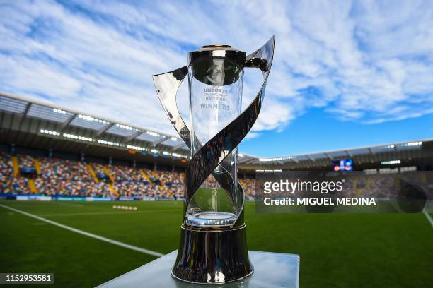 The competition's winners trophy is pictured prior to the final match of the UEFA U21 European Football Championships between Spain and Germany on...