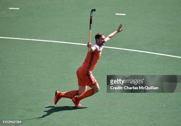 Mirco Pruijser of Netherlands celebrates after scoring during the Men's FIH Field Hockey Pro League bronze medal match between Netherlands and Great...
