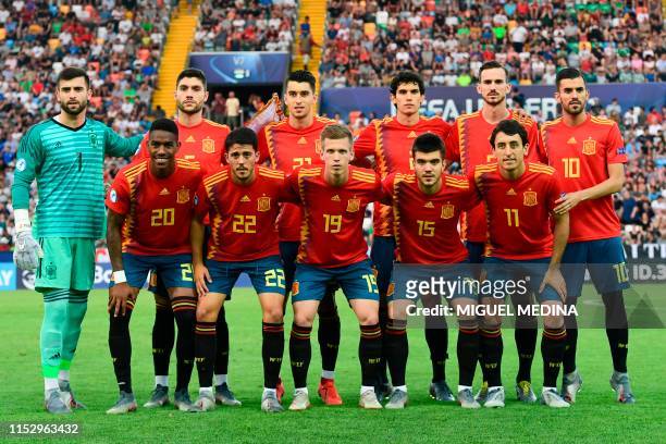 Spain's defender Junior Firpo, Spain's midfielder Pablo Fornals, Spain's forward Dani Olmo, Spain's defender Martin Aguirregabiria and Spain's...