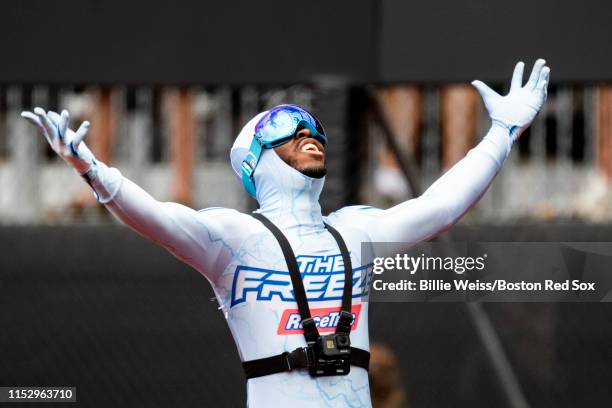 The Freeze reacts after a race during game two of the 2019 Major League Baseball London Series between the Boston Red Sox and the New York Yankees on...