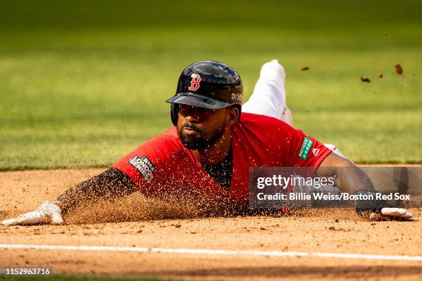 Jackie Bradley Jr. #19 of the Boston Red Sox during the fifth inning of game two of the 2019 Major League Baseball London Series against the New York...