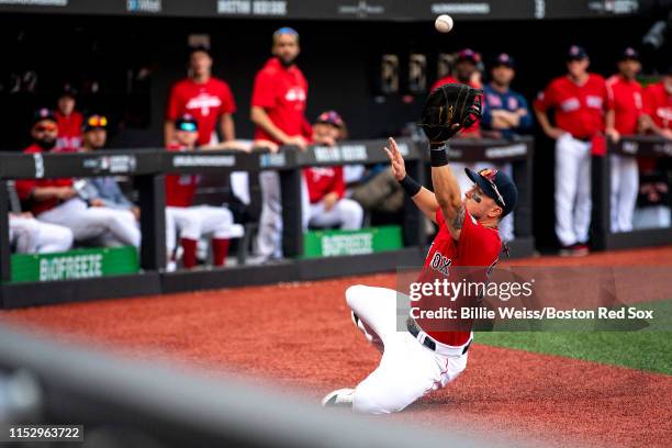 Michael Chavis of the Boston Red Sox catches a foul ball during the sixth inning of game two of the 2019 Major League Baseball London Series against...