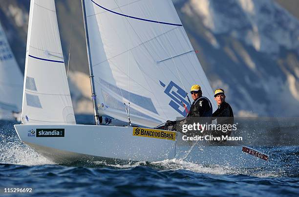 Robert Scheidt and Bruno Prada of Brazil in action during the Star Class race on day one of the Skandia Sail For Gold Regatta at the Weymouth and...