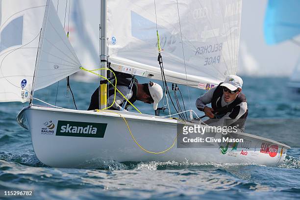 Mathew Belcher and Malcolm Page of Australia in action during the 470Class race on day one of the Skandia Sail For Gold Regatta at the Weymouth and...