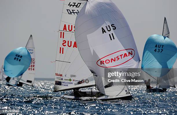 Mathew Belcher and Malcolm Page of Australia in action during the 470Class race on day one of the Skandia Sail For Gold Regatta at the Weymouth and...