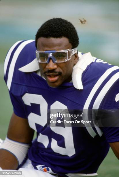 Eric Dickerson of the Indianapolis Colts warms up during pregame warm ups prior to the start of an NFL football game against the Miami Dolphins...