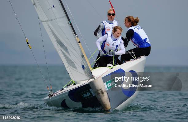 Renee Groeneveld of the Netherlands in action during the Match class race on day one of the Skandia Sail For Gold Regatta at the Weymouth and...