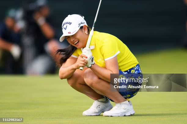 Yui Kawamoto of Japan reacts after missing the birdie putt on the 18th green during the second round of the Resorttrust Ladies at Grandi Hamanako...