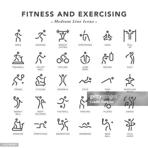 ilustraciones, imágenes clip art, dibujos animados e iconos de stock de fitness y ejercicio-iconos de línea media - danza del aro