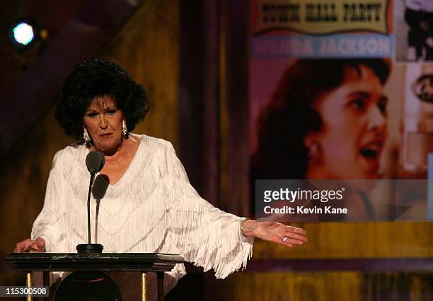 Musician Wanda Jackson speaks onstage at the 24th Annual Rock and Roll Hall of Fame Induction Ceremony at Public Hall on April 4, 2009 in Cleveland,...