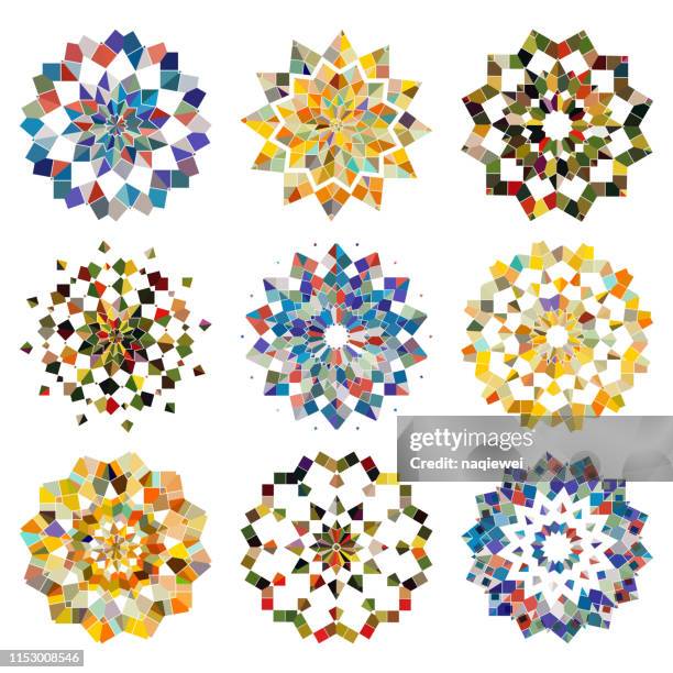 vector colorful mosaic checked pattern mandala collection - circle snowflake pattern stock illustrations