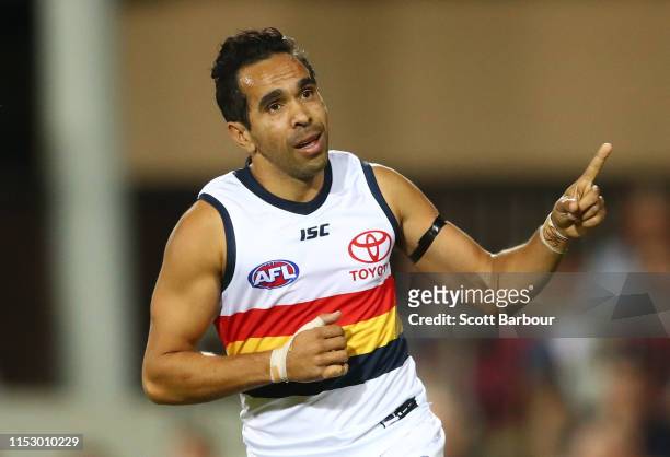 Eddie Betts of the Crows celebrates after kicking a goal during the round 11 AFL match between the Melbourne Demons and the Adelaide Crows at TIO...