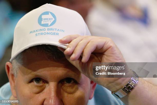 Supporter wears a party cap at the launch of Brexit Party's "The Big Vision" campaign in Birmingham, U.K., on Sunday, June 30, 2019. "If we dont...