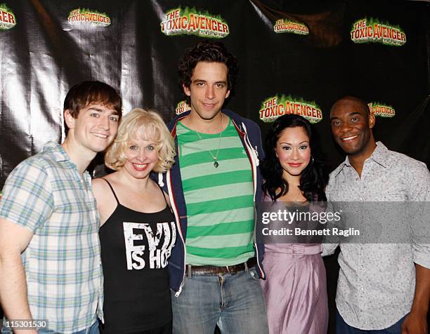 The cast of "The Toxic Avenger" Jonathan Root, Nancy Opel, Nick Cordero, Diana DeGarmo, and Demond Green pose for a picture at New World Stages on...