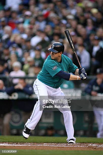 Jack Cust of the Seattle Mariners bats during the game against the New York Yankees at Safeco Field on May 27, 2011 in Seattle, Washington. The...