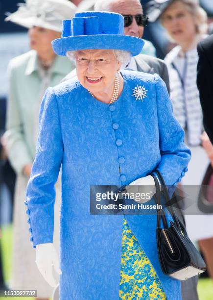 Queen Elizabeth II attends the Epsom Derby at Epsom Racecourse on June 01, 2019 in Epsom, England.
