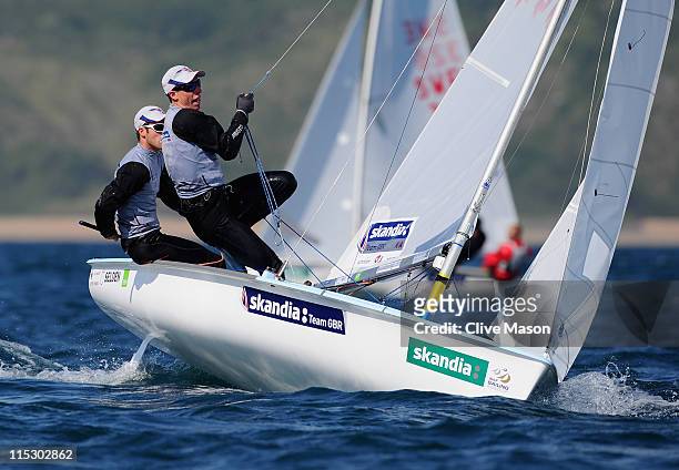 Luke Patience and Stuart Bithell of Great Britain in action during the 470 class race on day one of the Skandia Sail For Gold Regatta at the Weymouth...