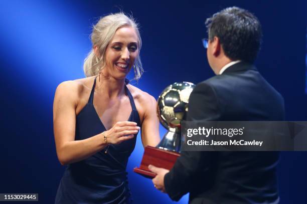 Nicole O’Neill accepts The Star Hyundai A-League Player of the Year Award on behalf of Brandon O’Neill during the Sydney FC Sky Blue Ball at The Star...