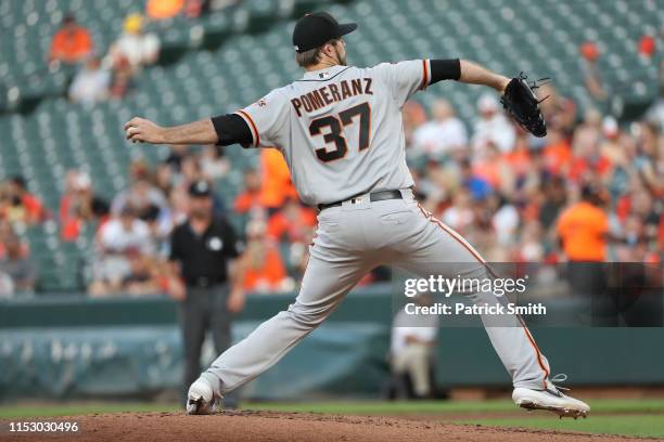 Drew Pomeranz of the San Francisco Giants pitches against the Baltimore Orioles at Oriole Park at Camden Yards on May 31, 2019 in Baltimore, Maryland.