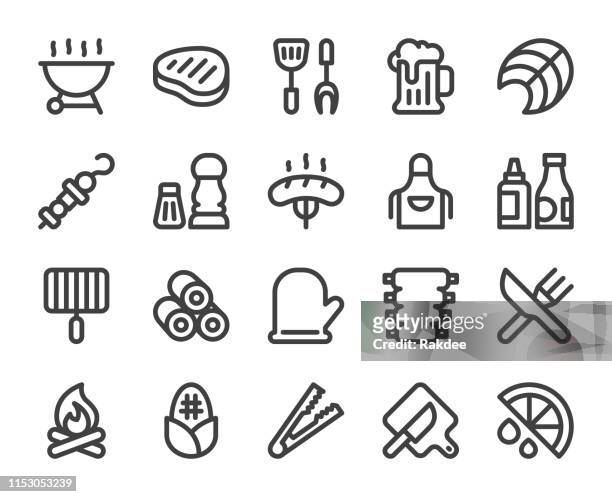 barbecue grill - bold line icons - salmon fillet stock illustrations