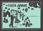 Festa Junina background vector. Cute couple dancing.