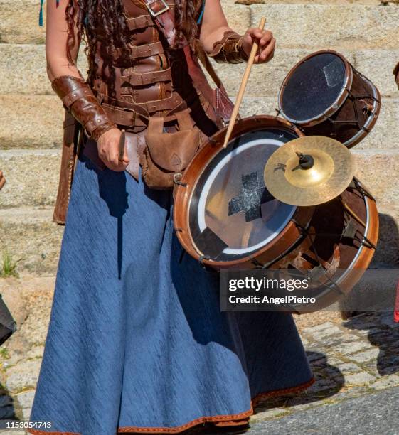 medieval popular music - the drummer - monsanto stock pictures, royalty-free photos & images