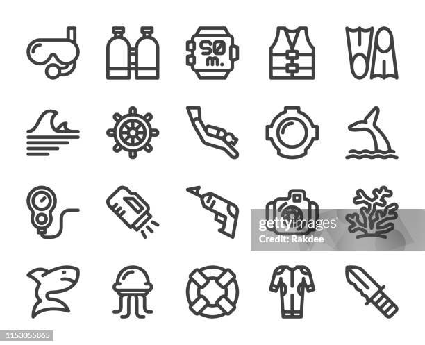 scuba diving and snorkeling - bold line icons - harpoon stock illustrations