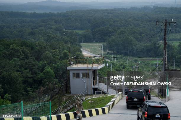 Motorcade departs with US President Donald Trump after a visit to an observation point in the Demilitarized Zone June 30 in Panmunjom, Korea.
